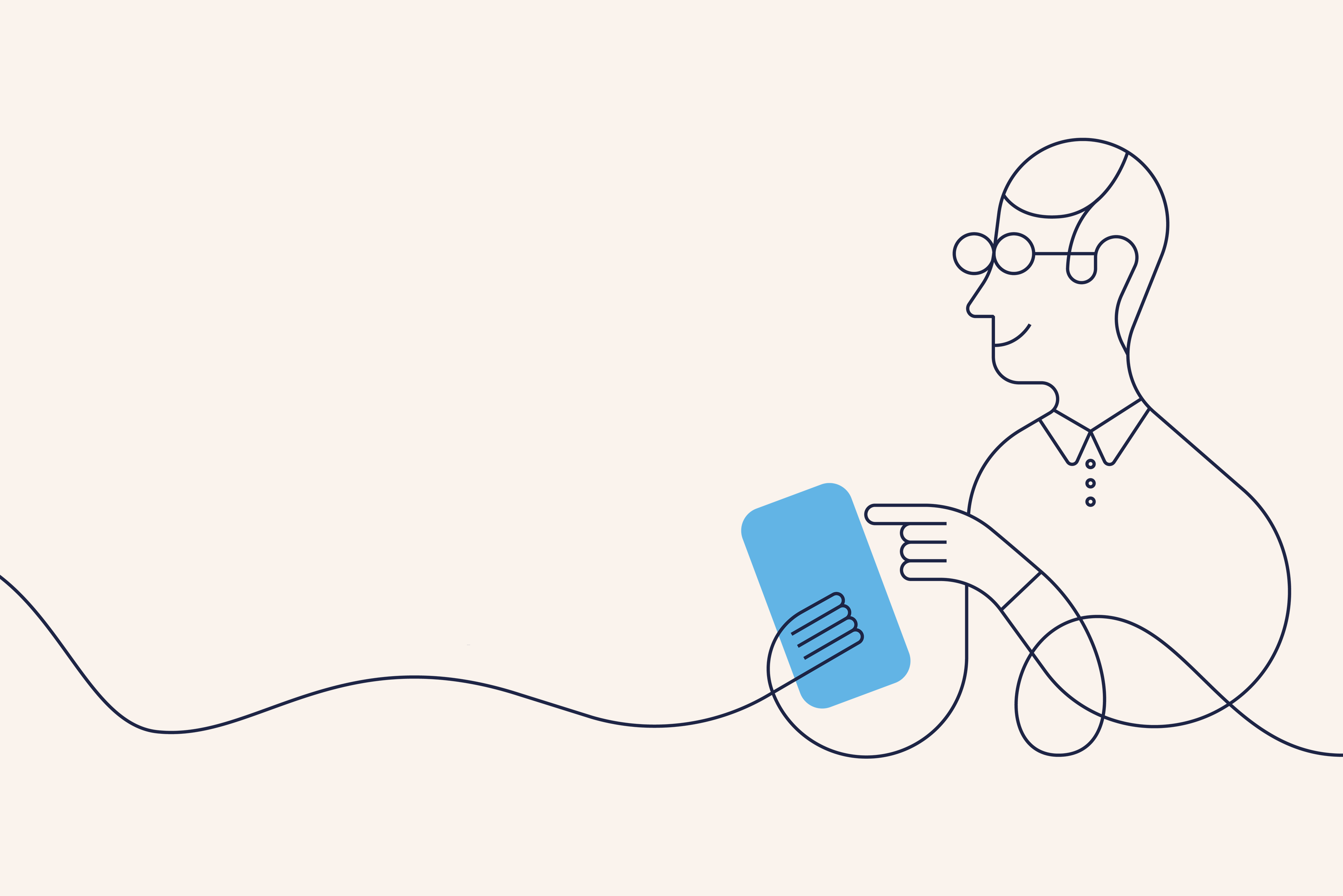 Man med glasögon tittar på sin mobil. Illustration.