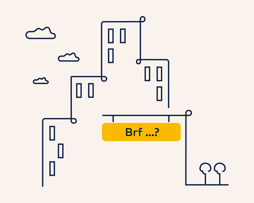 Illustration. Bostadsrättshus med brf-skylt framför.