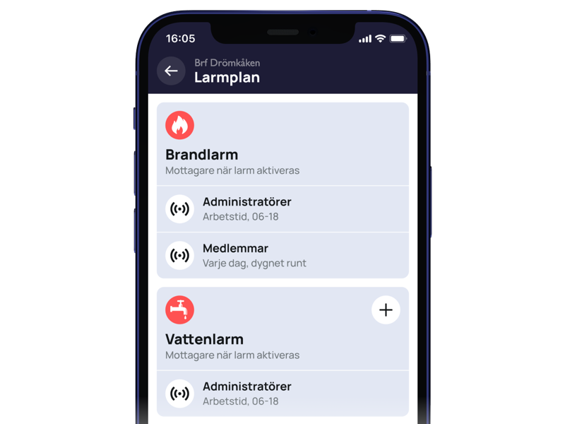 Mobil som visar app med en larmplan från Tryva.