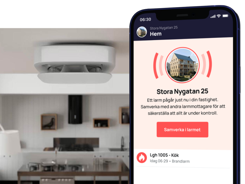 Brandvarnare i lägenhet samt en mobil med app som larmar om brand i närliggande lägenhet.
