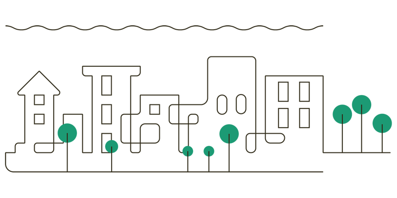 Illustration. Bostadsrättshus med grönområde.