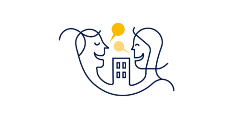 Illustration. Två nöjda kunder pratar vid ett bostadsrättshus.