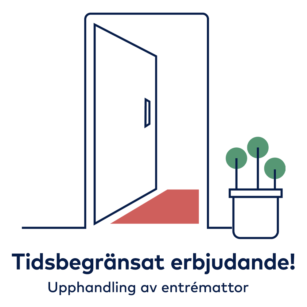 Tidsbegränsat erbjudande. Illustration av ytterdörr med entrématta och en kruka utanför.